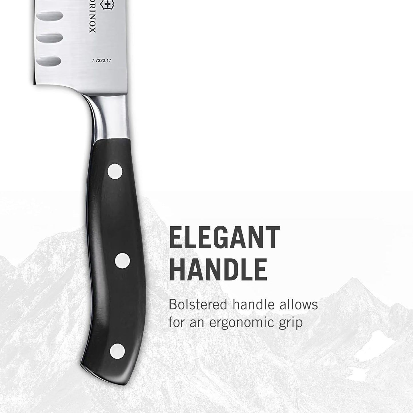 Grand Maître 7" Santoku Knife - Forged Granton Edge Prep Tool | Professional ergonomic kitchen knife with fluted blade for effortless chopping. Features a balanced forged black handle