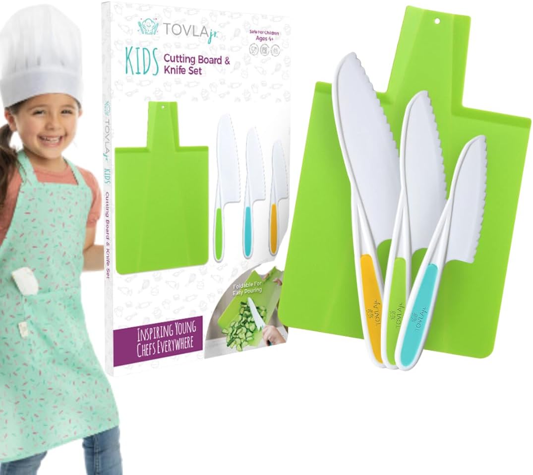 TOVLA JR. Premium Montessori Kid-Safe Knife & Cutting Board Set – Real Kitchen Tools for Toddlers & Young Kids Learning to Cook, Safe & Easy for Begin...