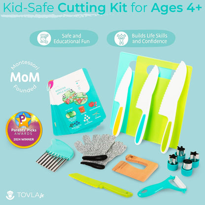 TOVLA JR. Premium Montessori Kid-Safe Knife & Cutting Board Set – Real Kitchen Tools for Toddlers & Young Kids Learning to Cook, Safe & Easy for Begin...