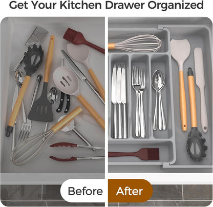 Extra Large Expandable Silverware Organizer, BPA-Free Food-Safe Cutlery Flatware Organizer, Kitchen Utensil Drawer Organizer, Adjustable Silverware Holder for Spoons Forks Knives, Black