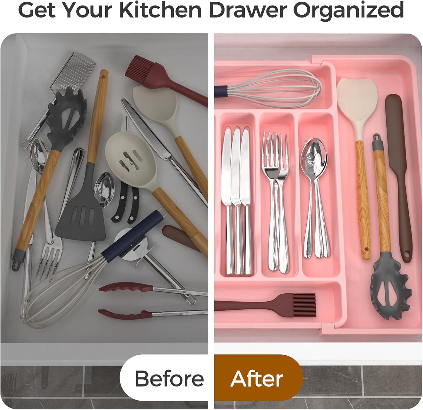 Extra Large Expandable Silverware Organizer, BPA-Free Food-Safe Cutlery Flatware Organizer, Kitchen Utensil Drawer Organizer, Adjustable Silverware Holder for Spoons Forks Knives, Black