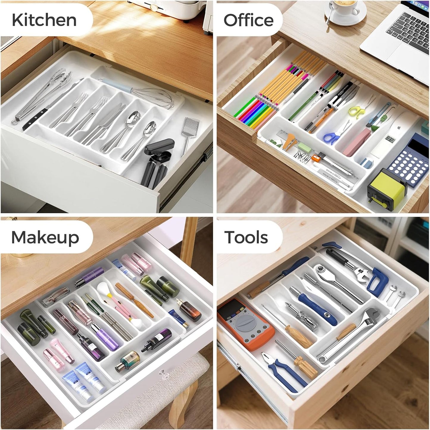 Extra Large Expandable Silverware Organizer, BPA-Free Food-Safe Cutlery Flatware Organizer, Kitchen Utensil Drawer Organizer, Adjustable Silverware Holder for Spoons Forks Knives, Black