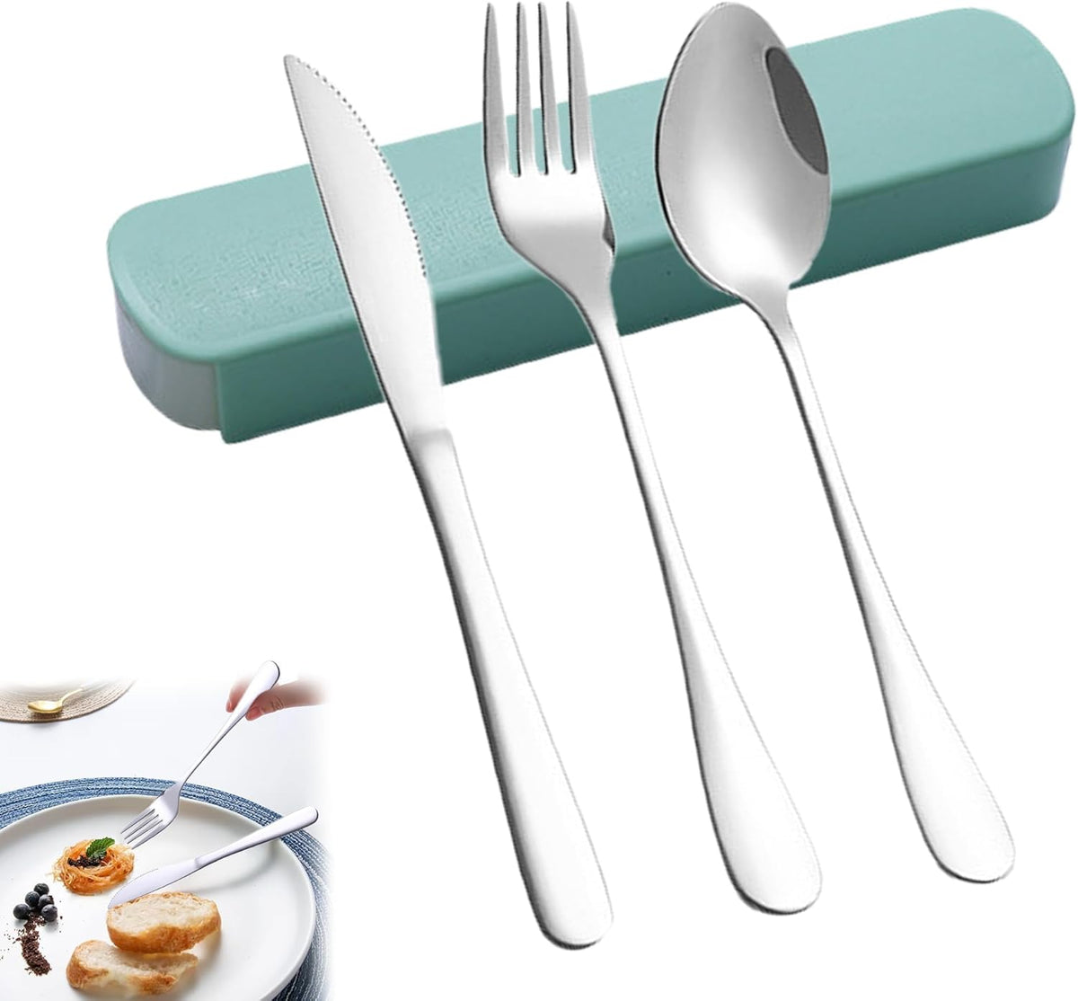 Portable Cutlery Set with Case, 4-Piece Stainless Steel Utensils, Knife Fork Spoon Set with Mint Green Storage Box for Travel, Camping, Office (Knife, Fork, Spoon)