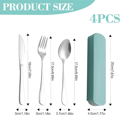 Portable Cutlery Set with Case, 4-Piece Stainless Steel Utensils, Knife Fork Spoon Set with Mint Green Storage Box for Travel, Camping, Office (Knife, Fork, Spoon)