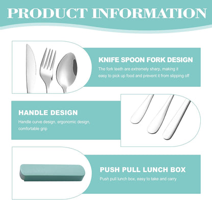 Portable Cutlery Set with Case, 4-Piece Stainless Steel Utensils, Knife Fork Spoon Set with Mint Green Storage Box for Travel, Camping, Office (Knife, Fork, Spoon)