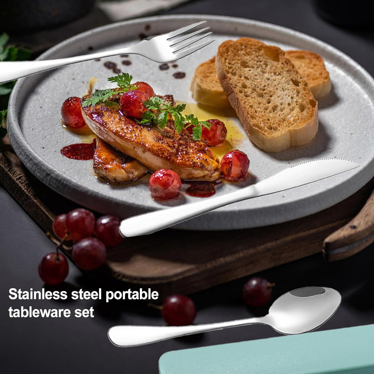 Portable Cutlery Set with Case, 4-Piece Stainless Steel Utensils, Knife Fork Spoon Set with Mint Green Storage Box for Travel, Camping, Office (Knife, Fork, Spoon)