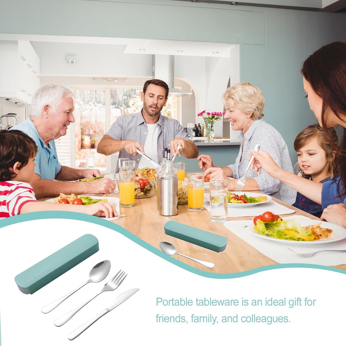 Portable Cutlery Set with Case, 4-Piece Stainless Steel Utensils, Knife Fork Spoon Set with Mint Green Storage Box for Travel, Camping, Office (Knife, Fork, Spoon)