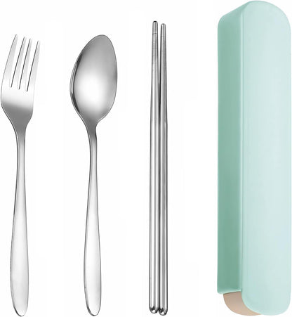 Portable Cutlery Set with Case, 4-Piece Stainless Steel Utensils, Knife Fork Spoon Set with Mint Green Storage Box for Travel, Camping, Office (Knife, Fork, Spoon)