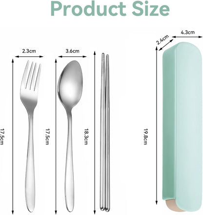 Portable Cutlery Set with Case, 4-Piece Stainless Steel Utensils, Knife Fork Spoon Set with Mint Green Storage Box for Travel, Camping, Office (Knife, Fork, Spoon)
