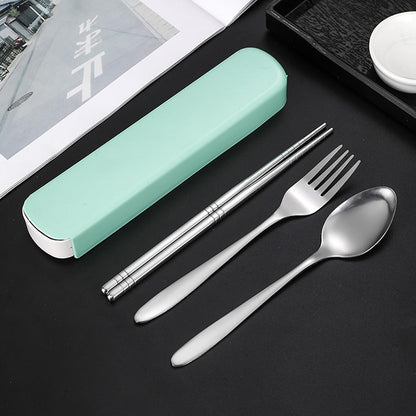 Portable Cutlery Set with Case, 4-Piece Stainless Steel Utensils, Knife Fork Spoon Set with Mint Green Storage Box for Travel, Camping, Office (Knife, Fork, Spoon)
