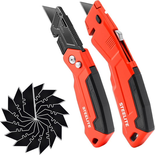 Utility Knife 2-Pack, SK5 Heavy Duty Retractable Box Cutter Metal | Blade Storage Design with 16 Extra Blades for Cartons, Rapes, Leather, Carpet and Cardboard Quick Open Razor Knife