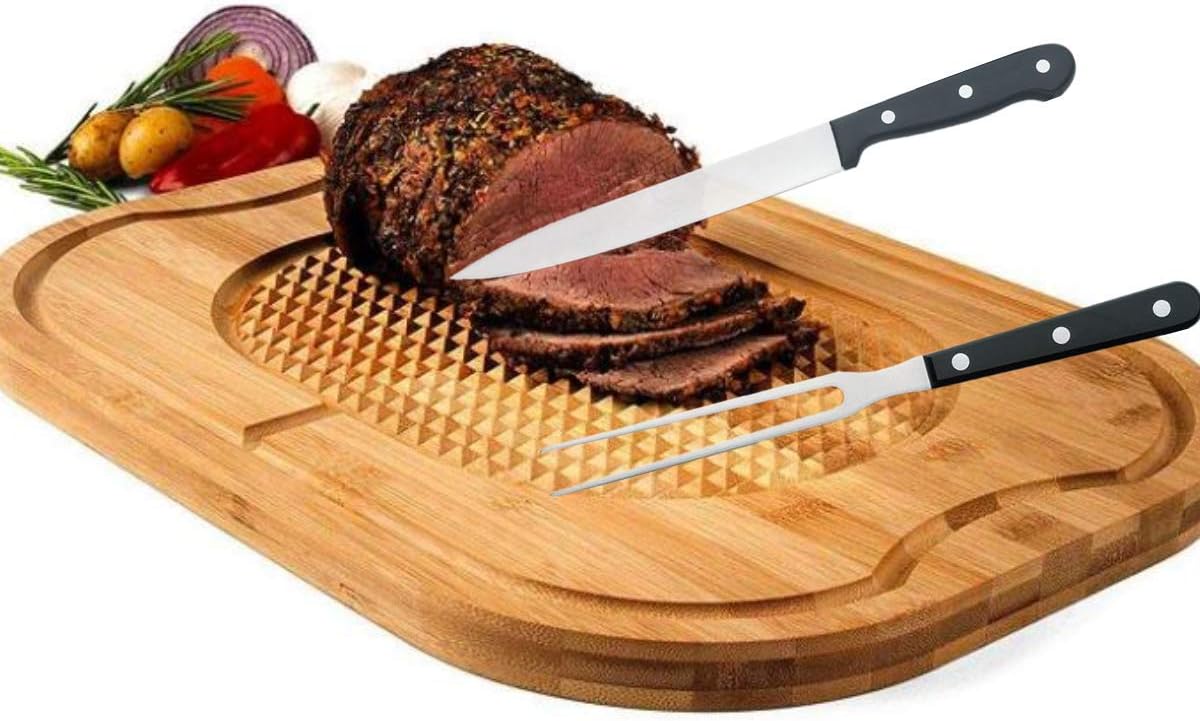 Carving Knife Set for Meat Turkey, Set of 2 Stainless Steel Carving Fork Guard and Slicer Home Gourmet BBQ Tools Cutlery Knives for Brisket Meat Roast Ham