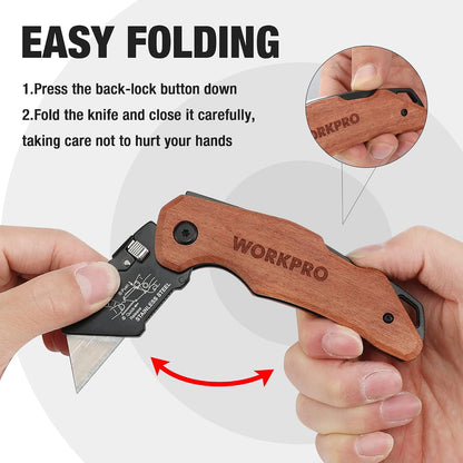 Folding Utility Knife with Stainless Steel Head, Quick-change Blade & Back Lock, Wood Handle Heavy Duty Box Cutter, 1PC Razor Knife with Extra 10PC SK5 Blades