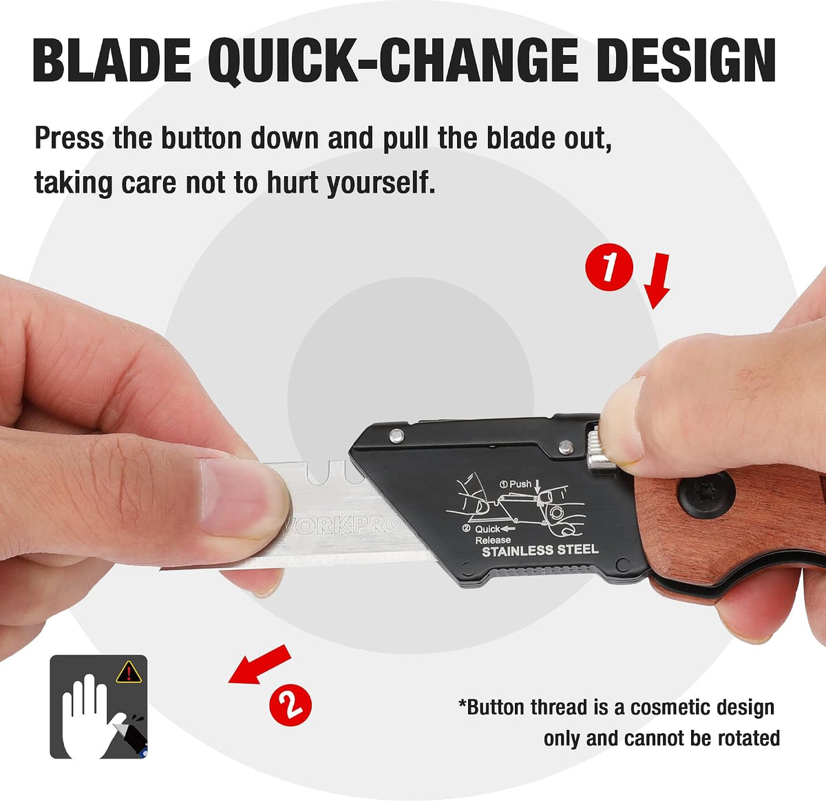 Folding Utility Knife with Stainless Steel Head, Quick-change Blade & Back Lock, Wood Handle Heavy Duty Box Cutter, 1PC Razor Knife with Extra 10PC SK5 Blades