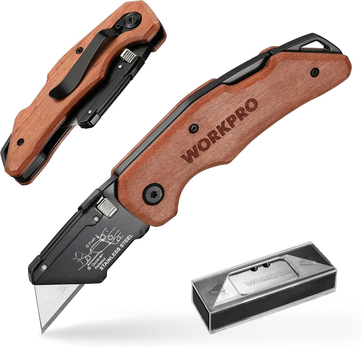 Folding Utility Knife with Stainless Steel Head, Quick-change Blade & Back Lock, Wood Handle Heavy Duty Box Cutter, 1PC Razor Knife with Extra 10PC SK5 Blades