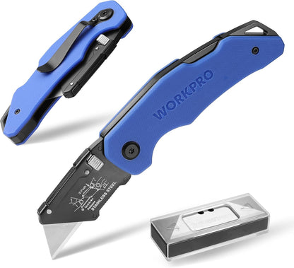 Folding Utility Knife with Stainless Steel Head, Quick-change Blade & Back Lock, Wood Handle Heavy Duty Box Cutter, 1PC Razor Knife with Extra 10PC SK5 Blades