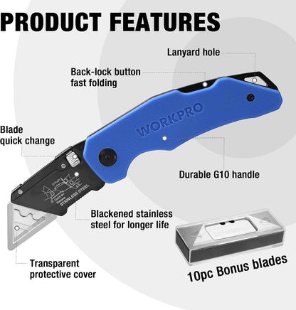 Folding Utility Knife with Stainless Steel Head, Quick-change Blade & Back Lock, Wood Handle Heavy Duty Box Cutter, 1PC Razor Knife with Extra 10PC SK5 Blades
