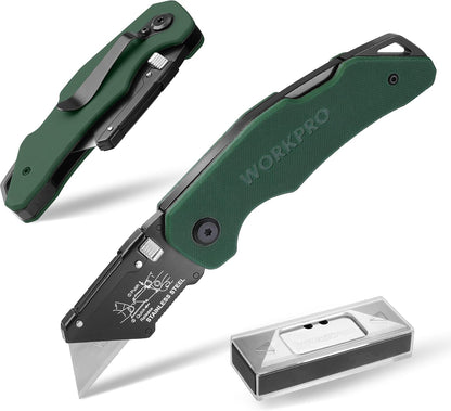 Folding Utility Knife with Stainless Steel Head, Quick-change Blade & Back Lock, Wood Handle Heavy Duty Box Cutter, 1PC Razor Knife with Extra 10PC SK5 Blades