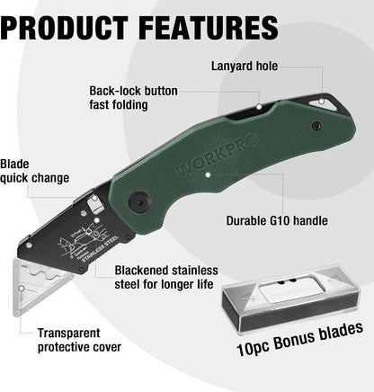 Folding Utility Knife with Stainless Steel Head, Quick-change Blade & Back Lock, Wood Handle Heavy Duty Box Cutter, 1PC Razor Knife with Extra 10PC SK5 Blades