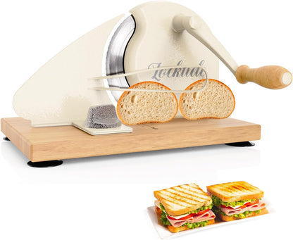 Manual Bread Slicer for Sourdough Homemade Adjustable Thickness | Hand Crank Bread Cutter With Scale Line & Suction Cups & Solid Wood Base & Sharp Serrated Blade, Evenly slices artisan loaves