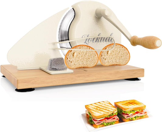 Manual Bread Slicer for Sourdough Homemade Adjustable Thickness | Hand Crank Bread Cutter With Scale Line & Suction Cups & Solid Wood Base & Sharp Serrated Blade, Evenly slices artisan loaves