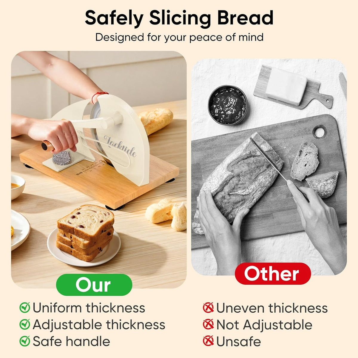 Manual Bread Slicer for Sourdough Homemade Adjustable Thickness | Hand Crank Bread Cutter With Scale Line & Suction Cups & Solid Wood Base & Sharp Serrated Blade, Evenly slices artisan loaves