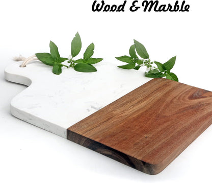 Cutting Board with Marble and Natural Wood,Serving Board for Steak Fruits with Handle,Chopping Board for Bread as Serving Trays (White)