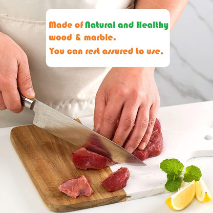 Cutting Board with Marble and Natural Wood,Serving Board for Steak Fruits with Handle,Chopping Board for Bread as Serving Trays (White)