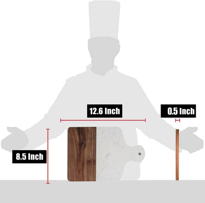Cutting Board with Marble and Natural Wood,Serving Board for Steak Fruits with Handle,Chopping Board for Bread as Serving Trays (White)