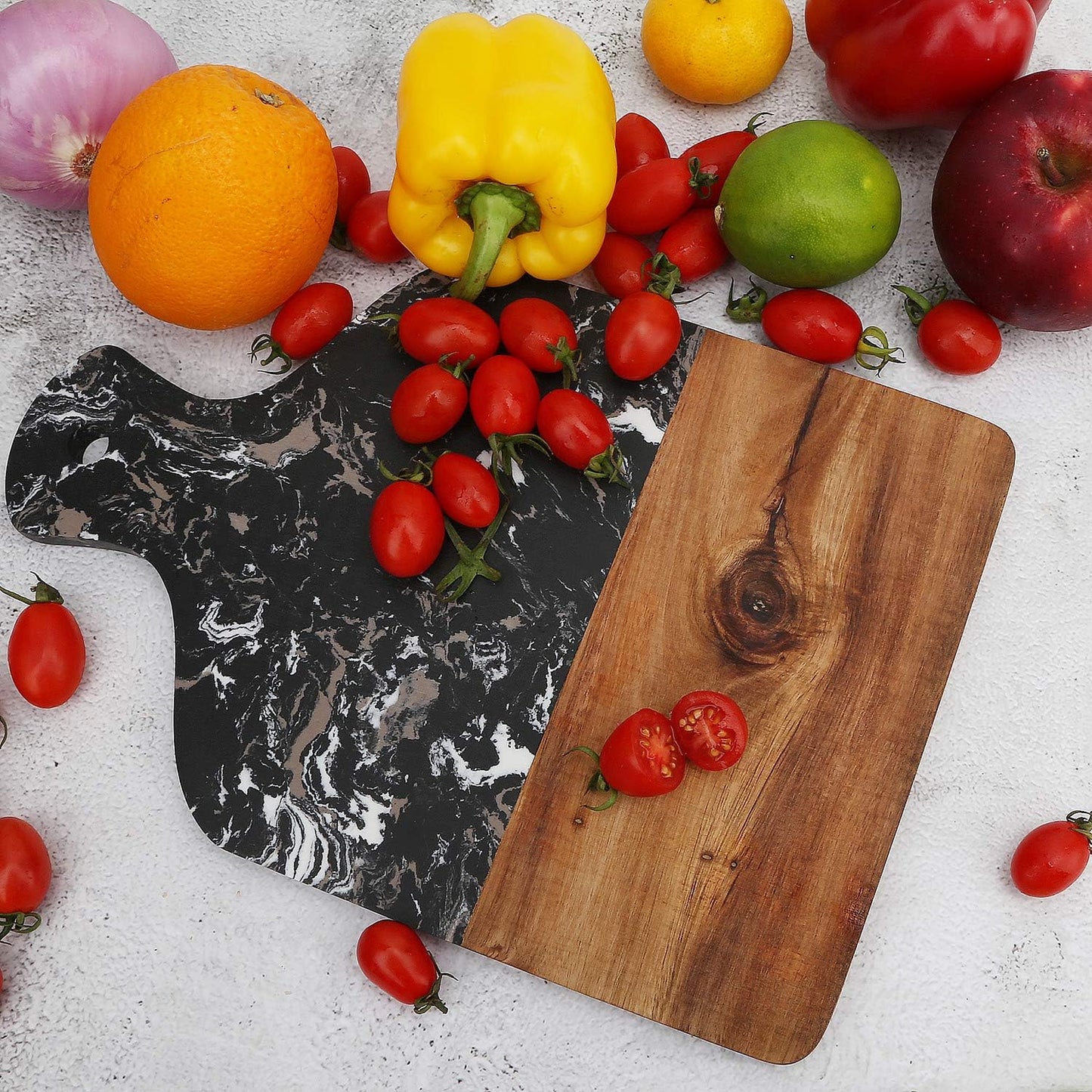 Cutting Board with Marble and Natural Wood,Serving Board for Steak Fruits with Handle,Chopping Board for Bread as Serving Trays (White)