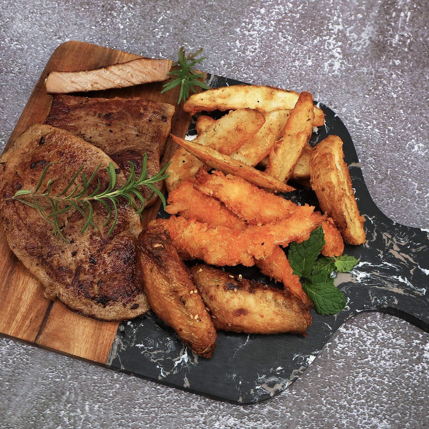 Cutting Board with Marble and Natural Wood,Serving Board for Steak Fruits with Handle,Chopping Board for Bread as Serving Trays (White)
