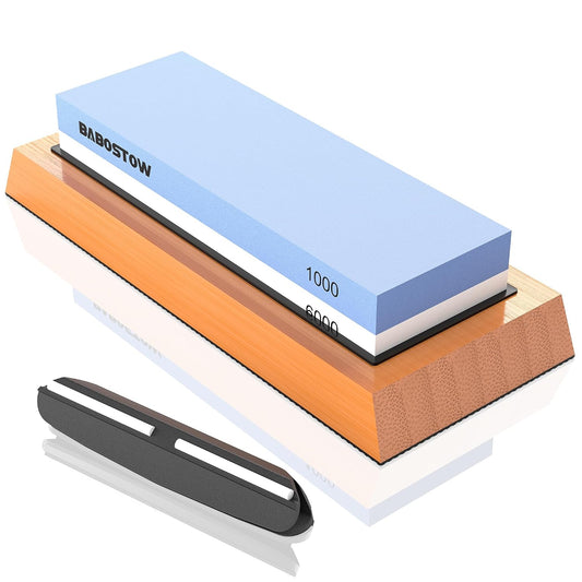 Knife Sharpening Stone 1000/6000 Grit with Base & Angle Guide | Dual Premium Whetstone with NonSlip Bamboo Base, Rubber Base & Angle Guide, Simple Kitchen Waterstone Set, for Beginners