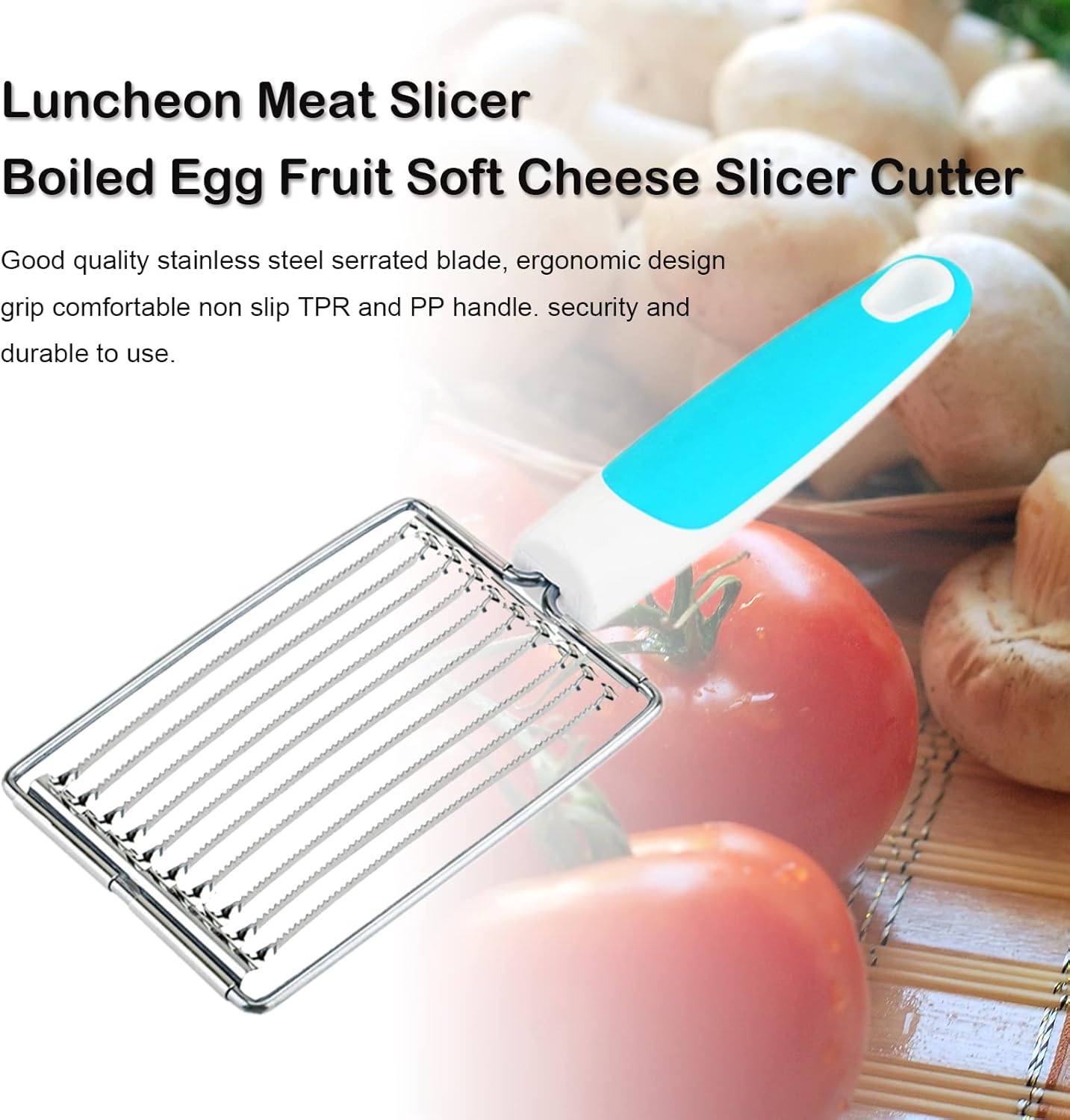 Luncheon Meat Cutter, Cheese & Potato Slicer, Stainless Cutter with Handle for Egg Ham Fruit Tomato, Cutting Evenly Thick, Food Cutting Tool for Kitchen (Blue)