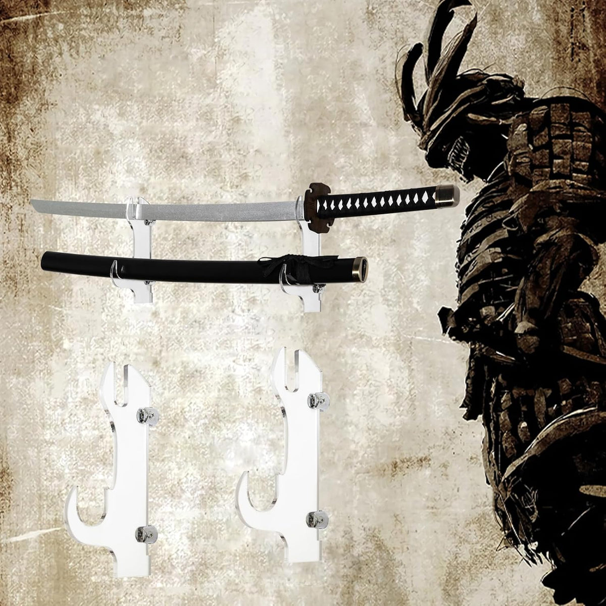 Samurai Knife Holder - Wall Mount - 2 Sets Black Plexiglass - Display Knives, Samurai Swords, Sabres, Chinese Swords, Staff