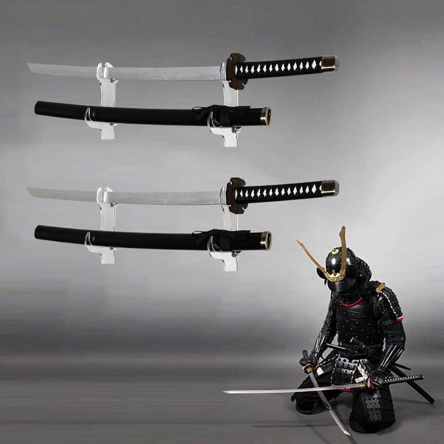 Samurai Knife Holder - Wall Mount - 2 Sets Black Plexiglass - Display Knives, Samurai Swords, Sabres, Chinese Swords, Staff