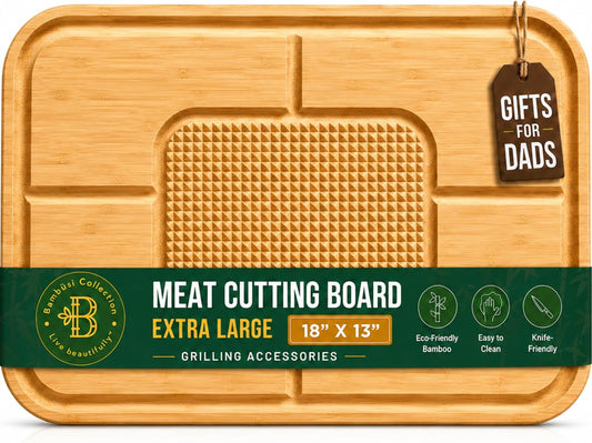 Meat Cutting Board - Extra Large Bamboo Carving Board, 18 x 13 Thick Butcher Block with Deep Juice Groove, Non Slip Center, Reversible Board for Steak, Brisket, Turkey, BBQ Prep Grilling Gifts for Men