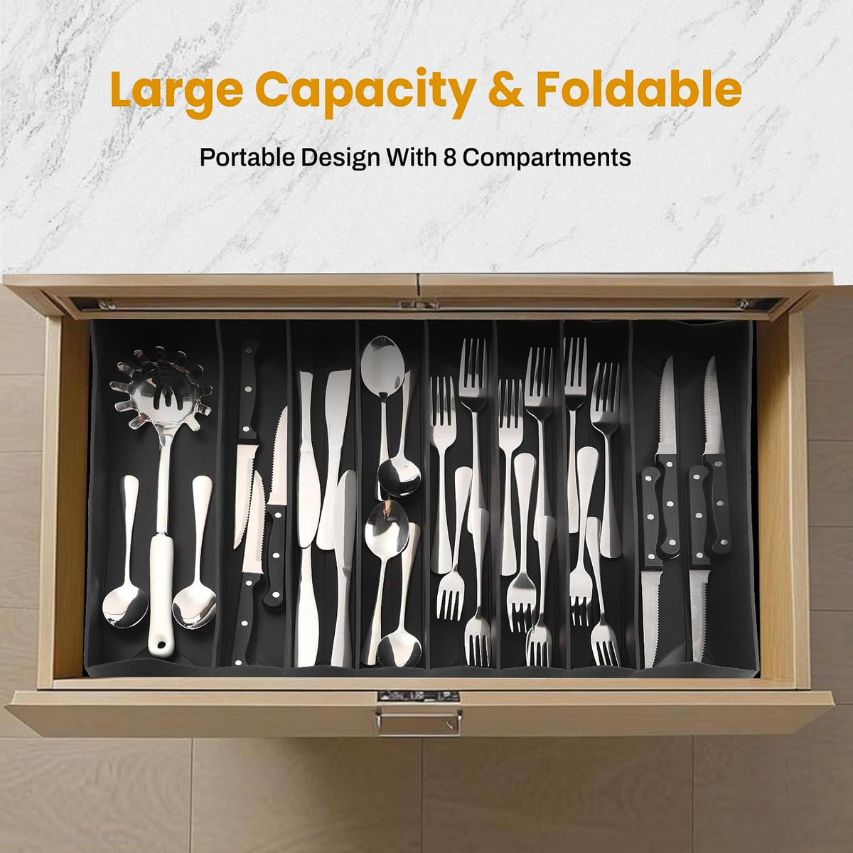 DEPOZA Silicone Silverware Drawer Organizer, Expandable Utensil Tray (3.9-22.4" W, 14.9" D, 1.9" H), 8-Compartment Cutlery Holder with Knife Section, BPA-Free, Non-Slip, Black