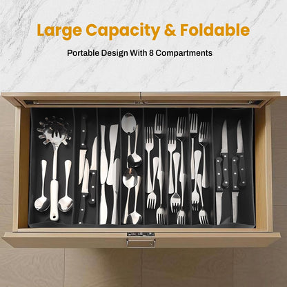 DEPOZA Silicone Silverware Drawer Organizer, Expandable Utensil Tray (3.9-22.4" W, 14.9" D, 1.9" H), 8-Compartment Cutlery Holder with Knife Section, BPA-Free, Non-Slip, Black