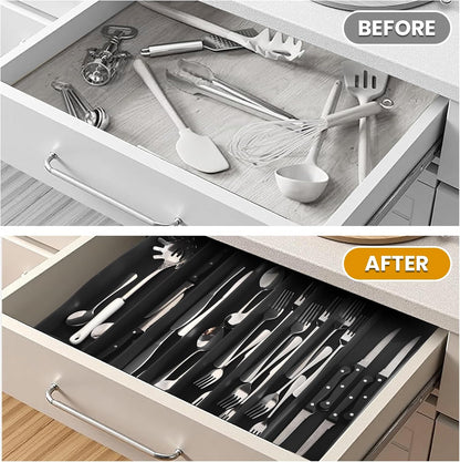 DEPOZA Silicone Silverware Drawer Organizer, Expandable Utensil Tray (3.9-22.4" W, 14.9" D, 1.9" H), 8-Compartment Cutlery Holder with Knife Section, BPA-Free, Non-Slip, Black