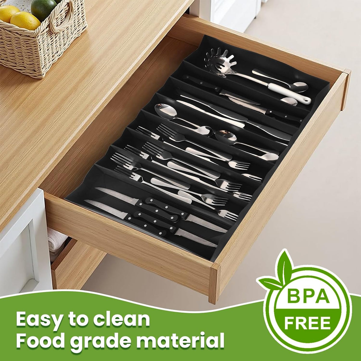 DEPOZA Silicone Silverware Drawer Organizer, Expandable Utensil Tray (3.9-22.4" W, 14.9" D, 1.9" H), 8-Compartment Cutlery Holder with Knife Section, BPA-Free, Non-Slip, Black