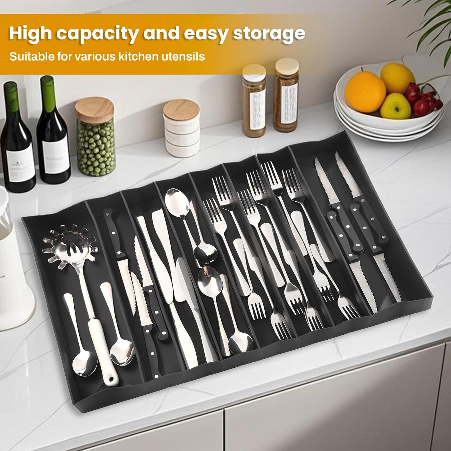 DEPOZA Silicone Silverware Drawer Organizer, Expandable Utensil Tray (3.9-22.4" W, 14.9" D, 1.9" H), 8-Compartment Cutlery Holder with Knife Section, BPA-Free, Non-Slip, Black