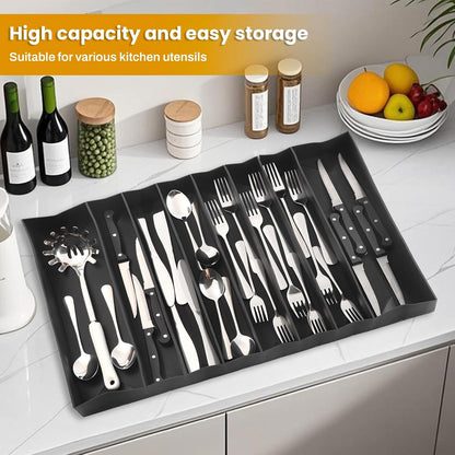 DEPOZA Silicone Silverware Drawer Organizer, Expandable Utensil Tray (3.9-22.4" W, 14.9" D, 1.9" H), 8-Compartment Cutlery Holder with Knife Section, BPA-Free, Non-Slip, Black