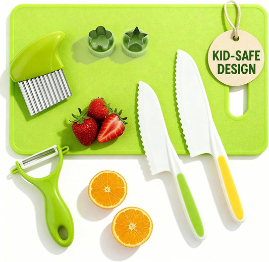 7 Pcs Kids Knife Set for Real Cooking, Toddler Cooking Set Montessori with Recipes Book, Toddler Kitchen Tools for Cooking, Kids Cooking Sets Real - Cutting Board and Knife Set