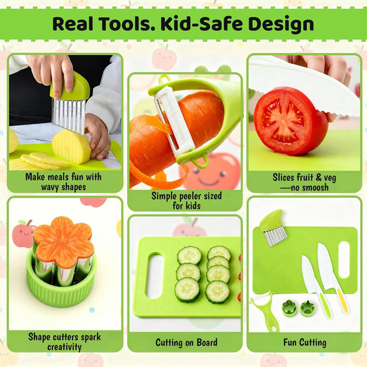 7 Pcs Kids Knife Set for Real Cooking, Toddler Cooking Set Montessori with Recipes Book, Toddler Kitchen Tools for Cooking, Kids Cooking Sets Real - Cutting Board and Knife Set