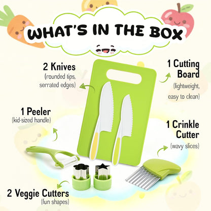 7 Pcs Kids Knife Set for Real Cooking, Toddler Cooking Set Montessori with Recipes Book, Toddler Kitchen Tools for Cooking, Kids Cooking Sets Real - Cutting Board and Knife Set
