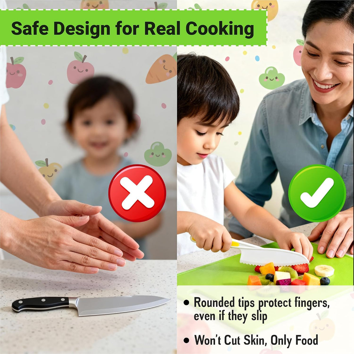 7 Pcs Kids Knife Set for Real Cooking, Toddler Cooking Set Montessori with Recipes Book, Toddler Kitchen Tools for Cooking, Kids Cooking Sets Real - Cutting Board and Knife Set