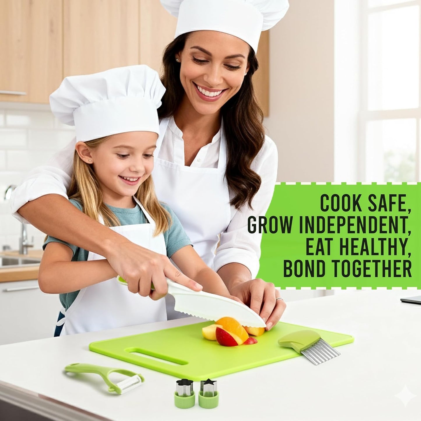 7 Pcs Kids Knife Set for Real Cooking, Toddler Cooking Set Montessori with Recipes Book, Toddler Kitchen Tools for Cooking, Kids Cooking Sets Real - Cutting Board and Knife Set