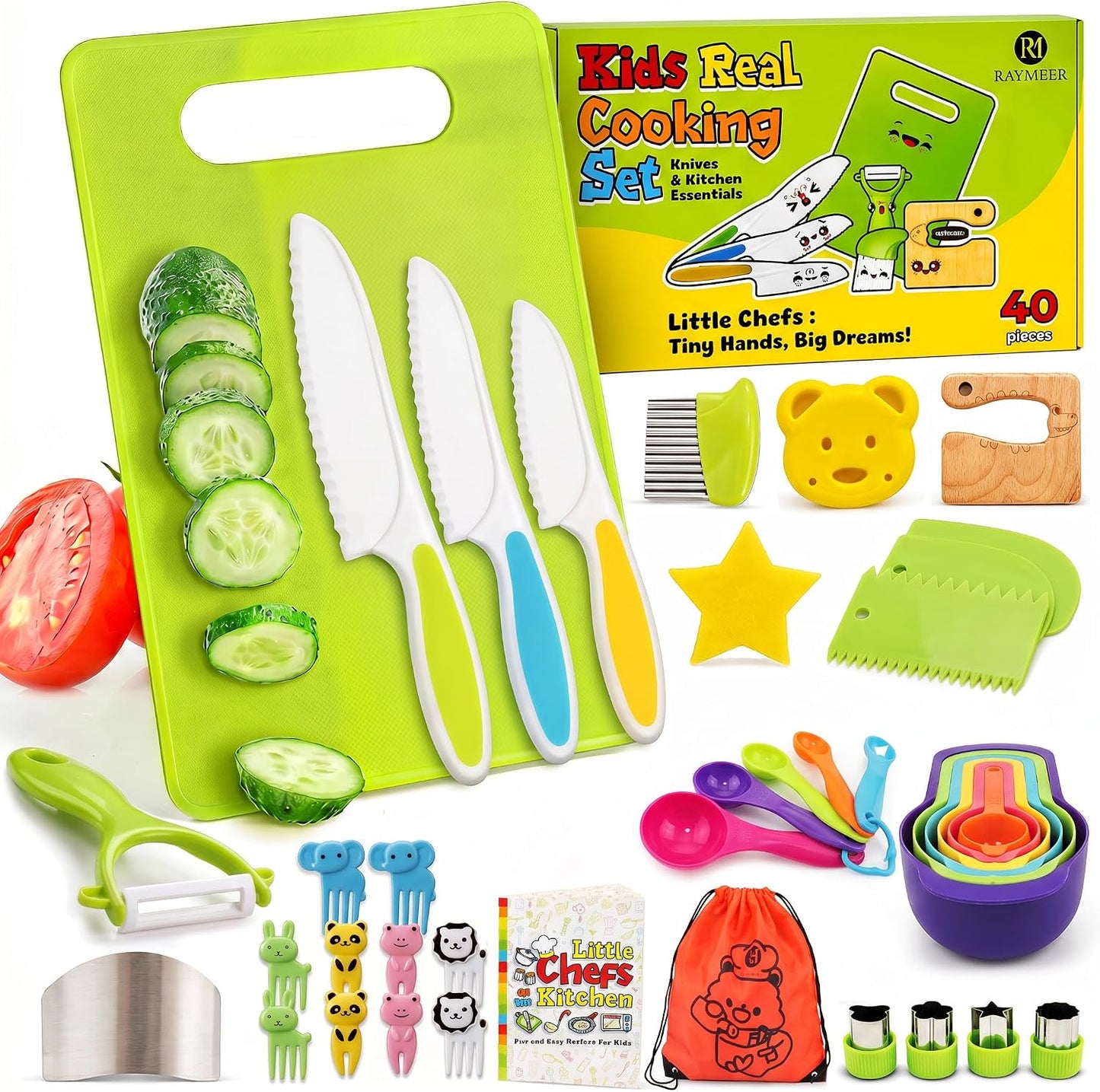 7 Pcs Kids Knife Set for Real Cooking, Toddler Cooking Set Montessori with Recipes Book, Toddler Kitchen Tools for Cooking, Kids Cooking Sets Real - Cutting Board and Knife Set