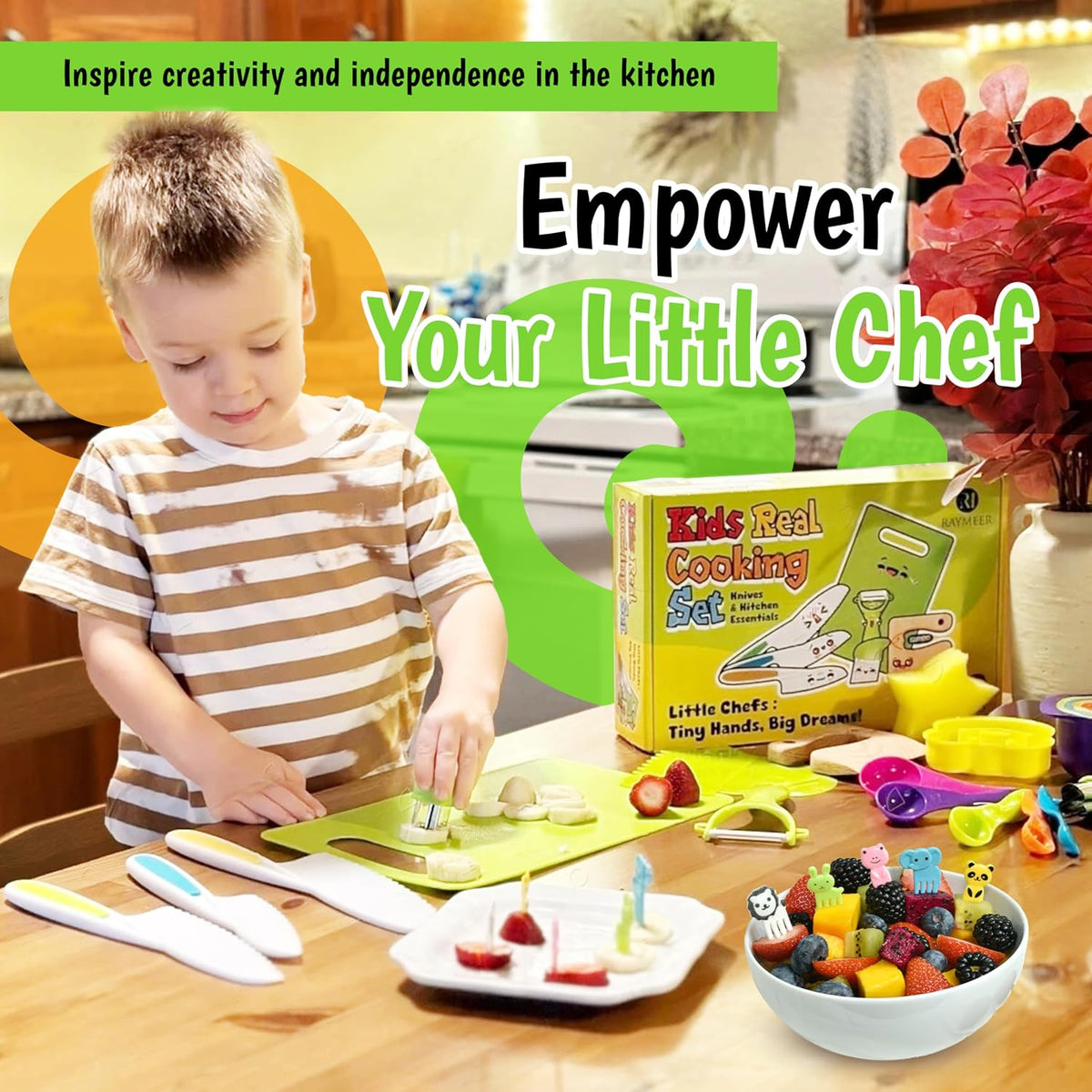 7 Pcs Kids Knife Set for Real Cooking, Toddler Cooking Set Montessori with Recipes Book, Toddler Kitchen Tools for Cooking, Kids Cooking Sets Real - Cutting Board and Knife Set