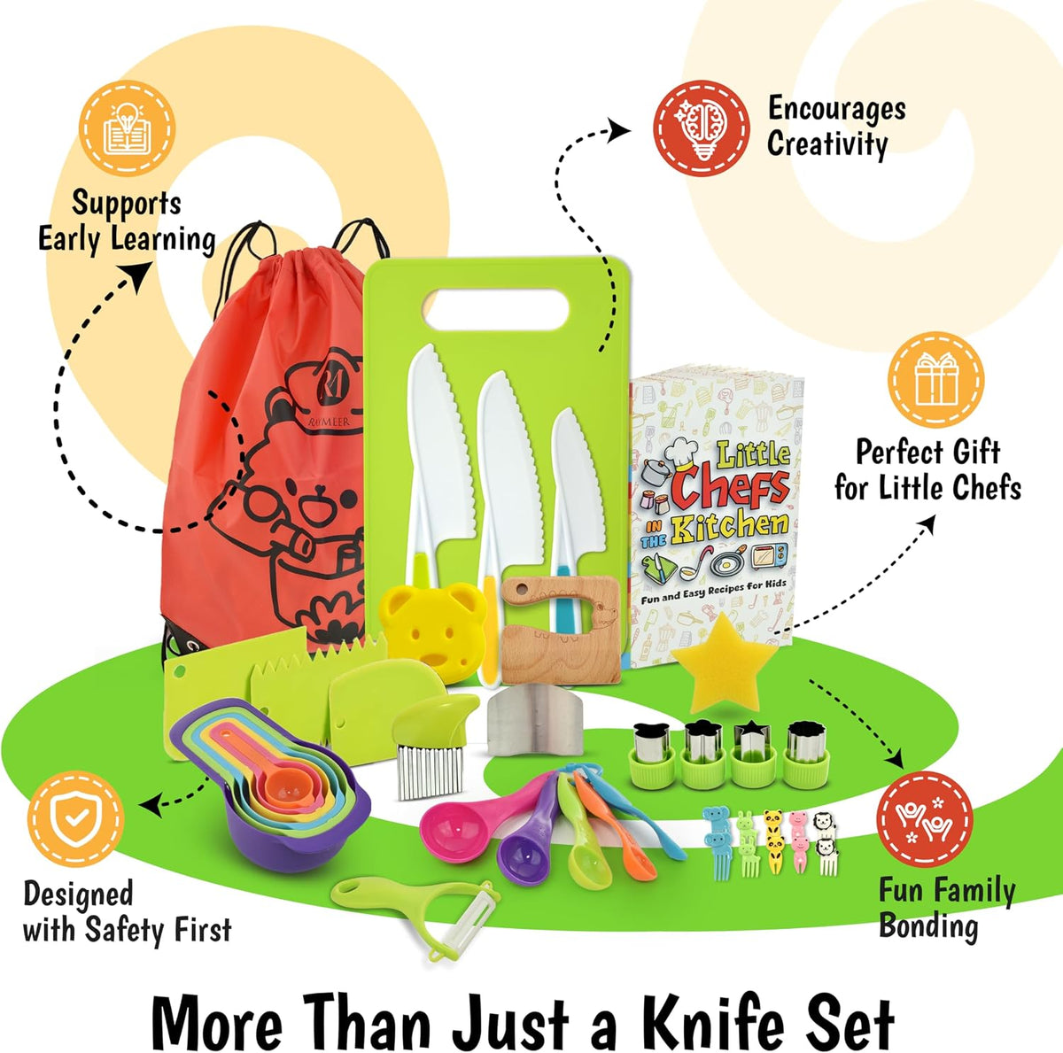 7 Pcs Kids Knife Set for Real Cooking, Toddler Cooking Set Montessori with Recipes Book, Toddler Kitchen Tools for Cooking, Kids Cooking Sets Real - Cutting Board and Knife Set